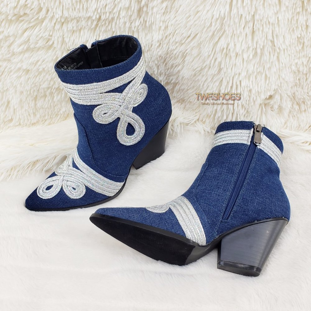 Denim Western Cowboy Style Pointy Toe Ankle Boots